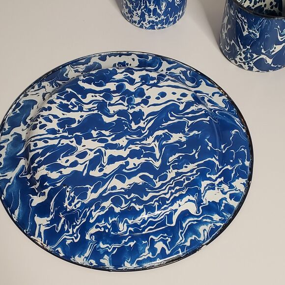 Vintage Blue White Speckled Enamel 3 pcs Enamelware Camping RV 1 Plate, 2 Mugs - Picture 3 of 7